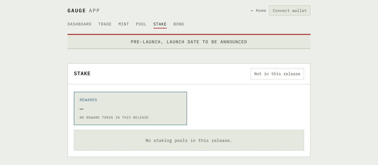 GAUGE app stake screen with a 'Rewards' card reading 'no reward token in this release' and a panel reading 'No staking pools in this release.'