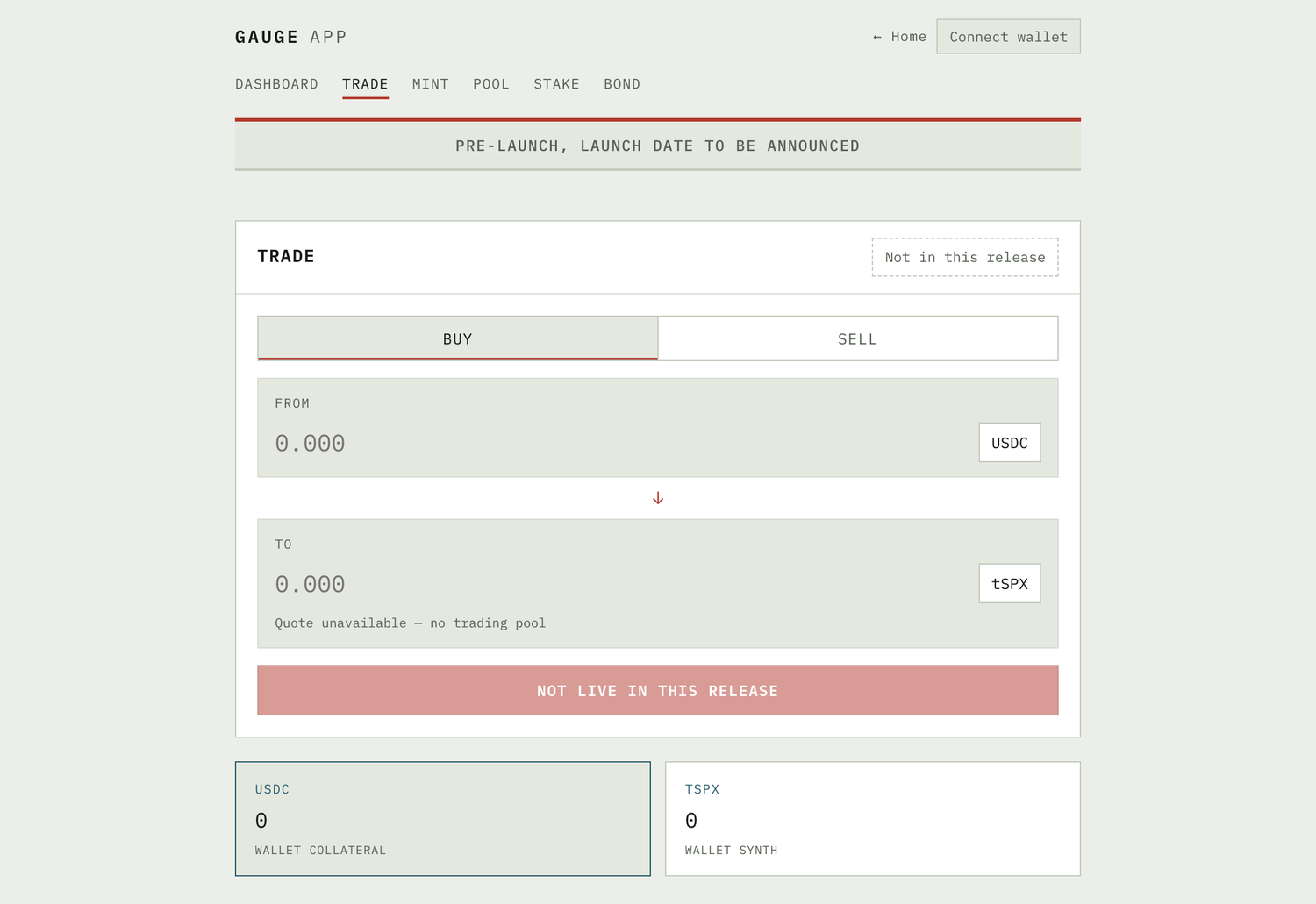 GAUGE app trade screen with a buy/sell toggle, a 'from' field set to USDC and a 'to' field set to tSPX, a message 'Quote unavailable — no trading pool', and a disabled 'Not live in this release' button.